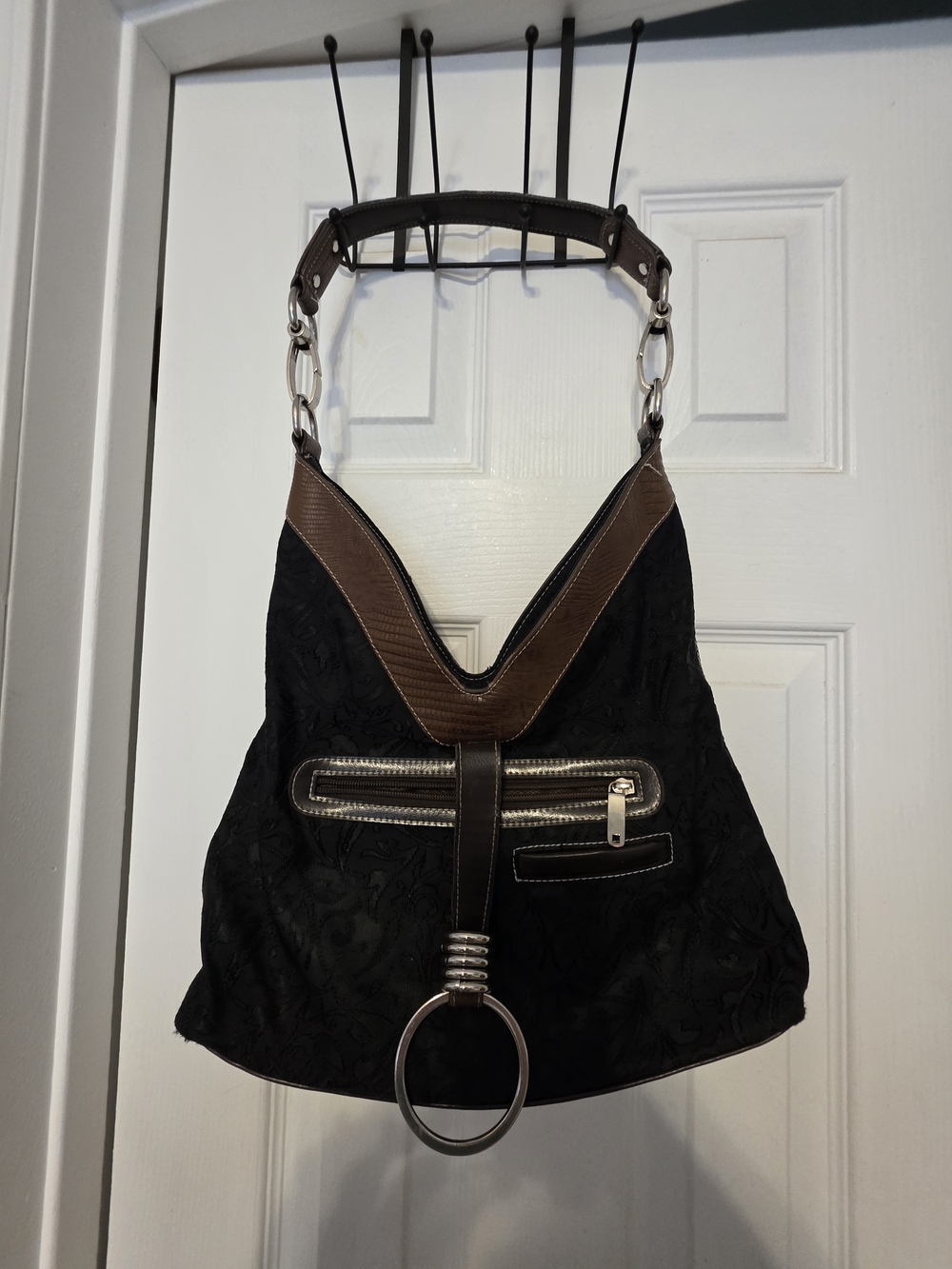 Black and Brown Textured Hobo Shoulder Bag with Ring Accent